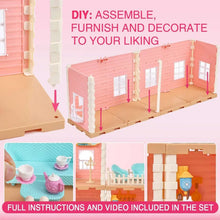 Pink two-story dollhouse set with assembly parts and included furniture