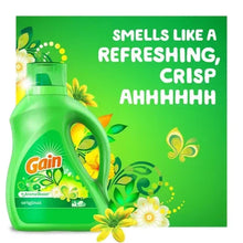 Green Gain laundry detergent bottle on marketing card with yellow flowers and butterflies