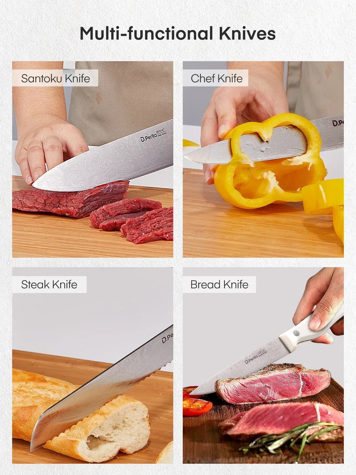 D.Perlla Knife Set, 14 Pcs Kitchen Knives Set with Built-in Sharpener, Stainless Steel Knife Set with Block