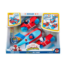 Package display of three-in-one Spidey team split racer vehicles and web dart