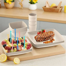 Beige wheat straw square plates and bowls with cups arranged for meal serving
