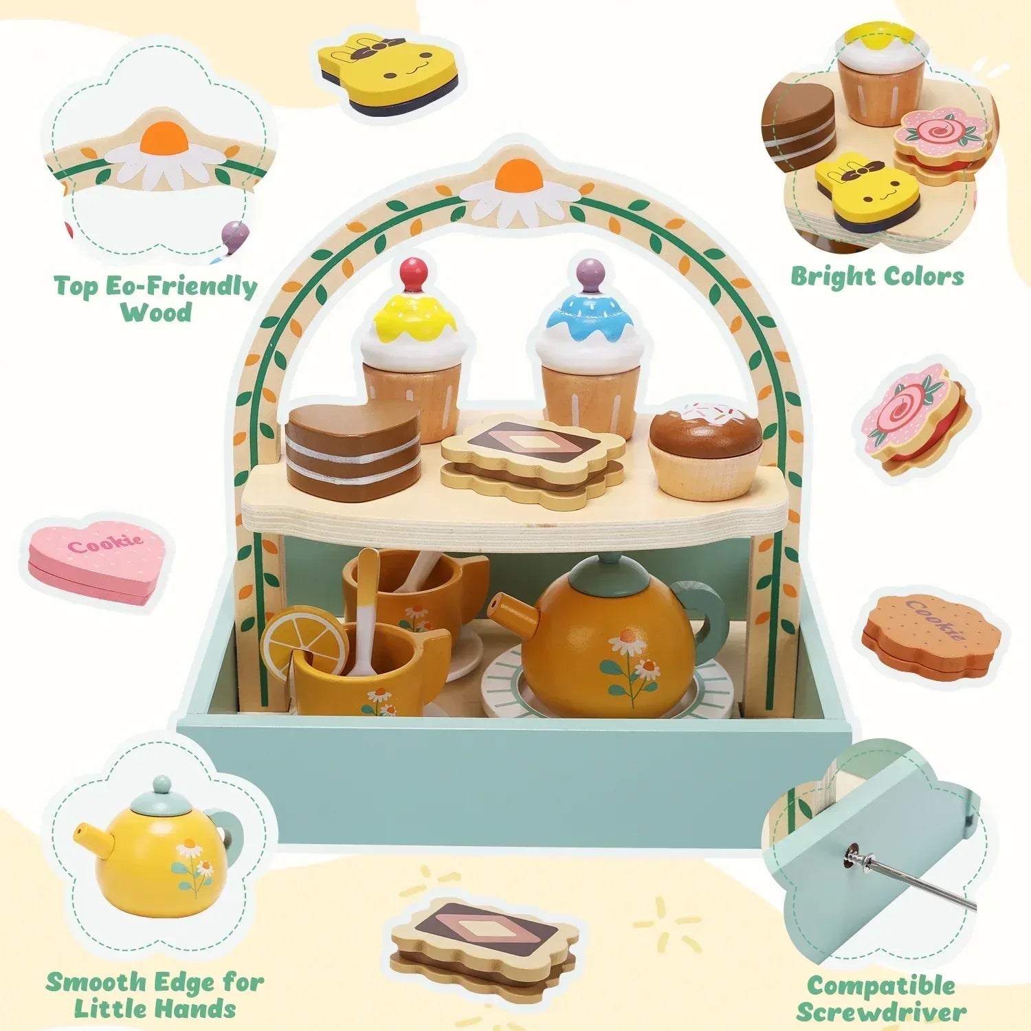 JoyStone Wooden Tea Party Set for Toddlers, Pretend Play Tea Sets for Kids with Storage Cupcake Stand, Wooden Toys Gifts for Girls & Boys - USA MEGA SHOP