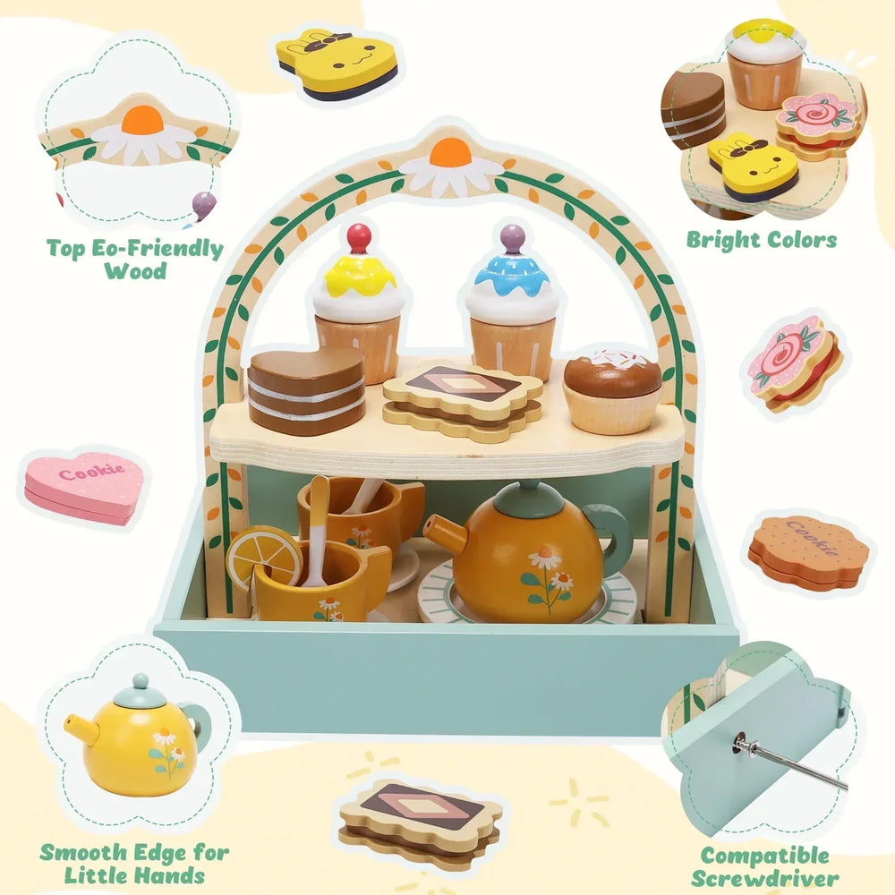 JoyStone Wooden Tea Party Set for Toddlers, Pretend Play Tea Sets for Kids with Storage Cupcake Stand, Wooden Toys Gifts for Girls & Boys - USA MEGA SHOP