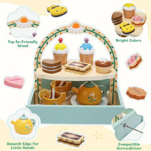 Wooden tea party play set with arched tray, teapot, cups, and layered cake pieces