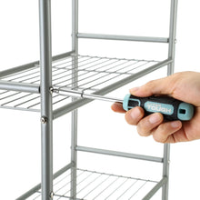 Hand using Hyper Tough screwdriver to tighten a wire shelf bolt with a teal tool