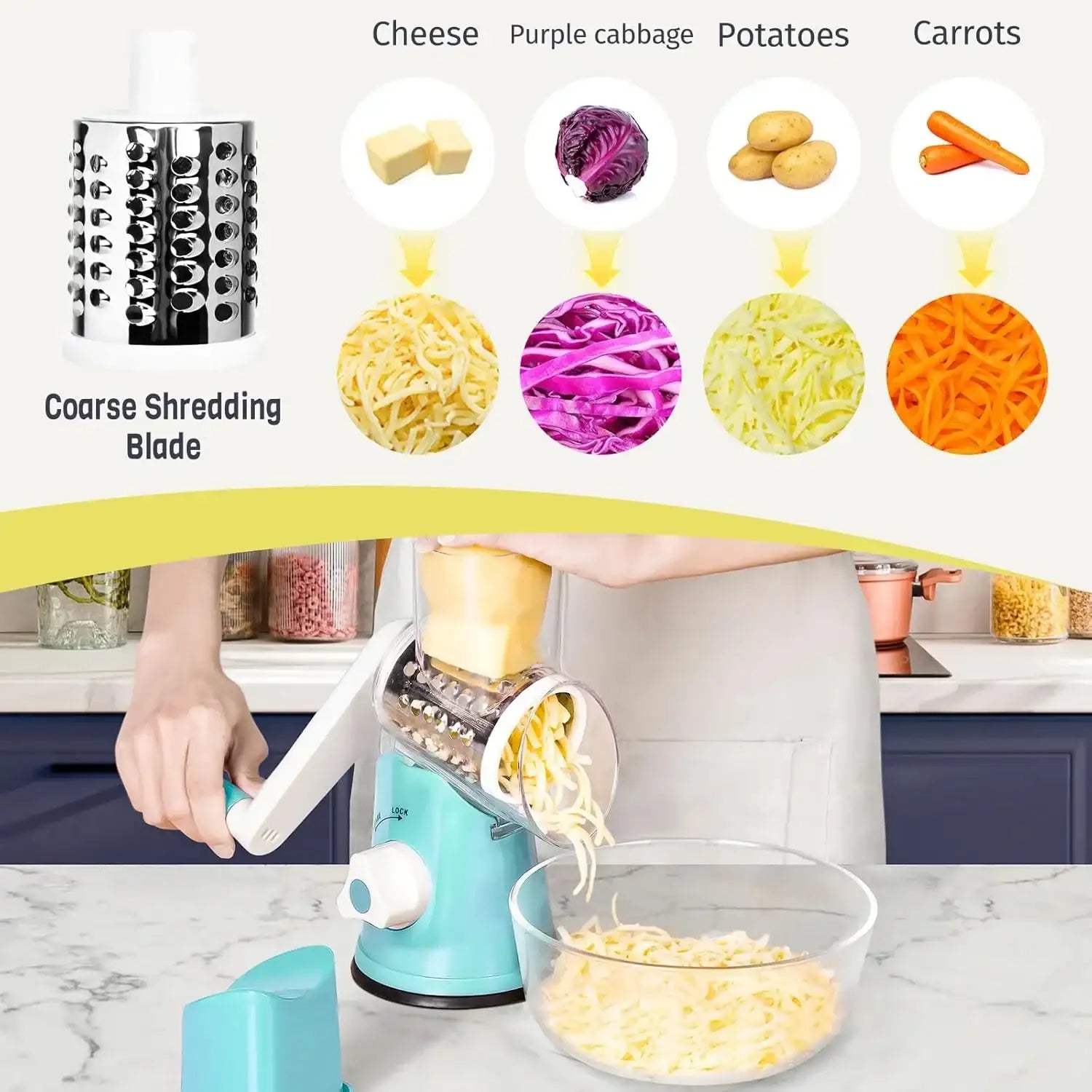 3 in 1 Cheese Grater Rotary, Cheese Shredder Grater for Kitchen Grater Slicer with 3 Replacement Blades, Potato Slicer Vegetable Chopper with Suction Base
