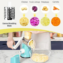 Rotary cheese grater with coarse shredding blade drum, teal base and blade set