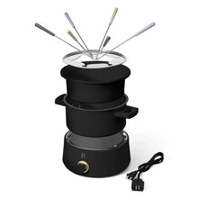 Black electric fondue set with stainless lid, six forks, and power cord