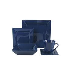 Dark blue square stoneware dinnerware set with large plate, bowl, and mug on stand