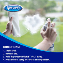 Sprayway glass cleaner aerosol can with blue cap during window wiping
