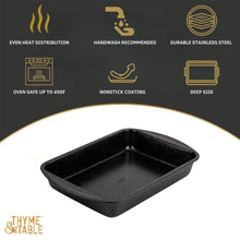 Black deep rectangular nonstick baking pan with speckled surface
