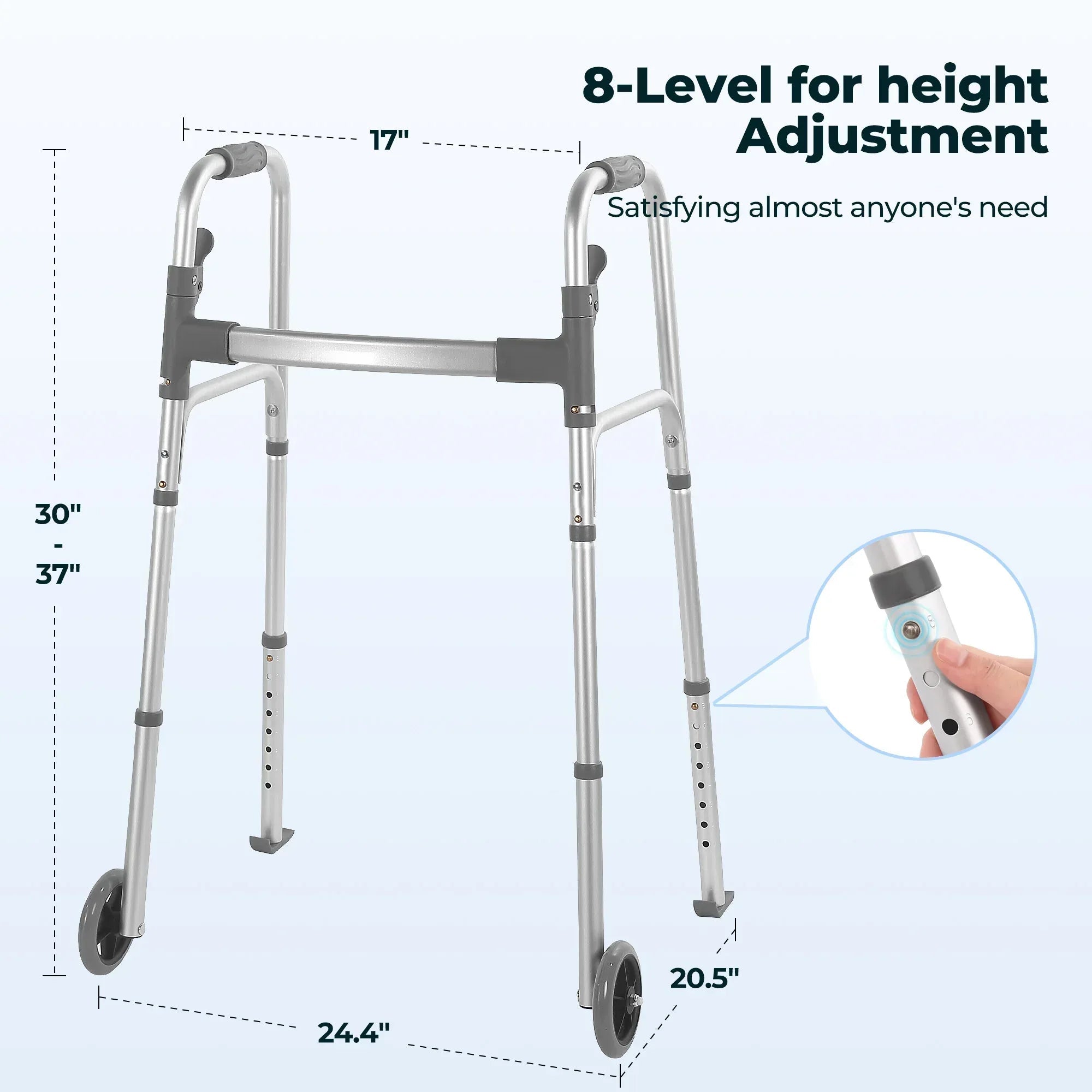Naipo Compact Folding Walker with Trigger Release and Glide Skis for Seniors Elderly, 5 Inches Front Wheels Support Up to 350lbs, Silver