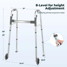 Height-adjustable silver walker with hand grips, wheels, and measurement layout