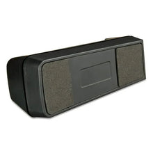 Black desktop tape dispenser end view with textured grip and rectangular access window