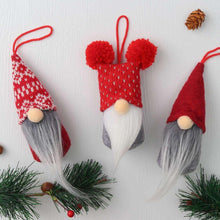 Plush gnome ornament set of 6 with red knit hats, gray beards, and hanging loops