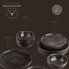Ceramic dinnerware set with stacked black bowls and plates, 12-piece assortment