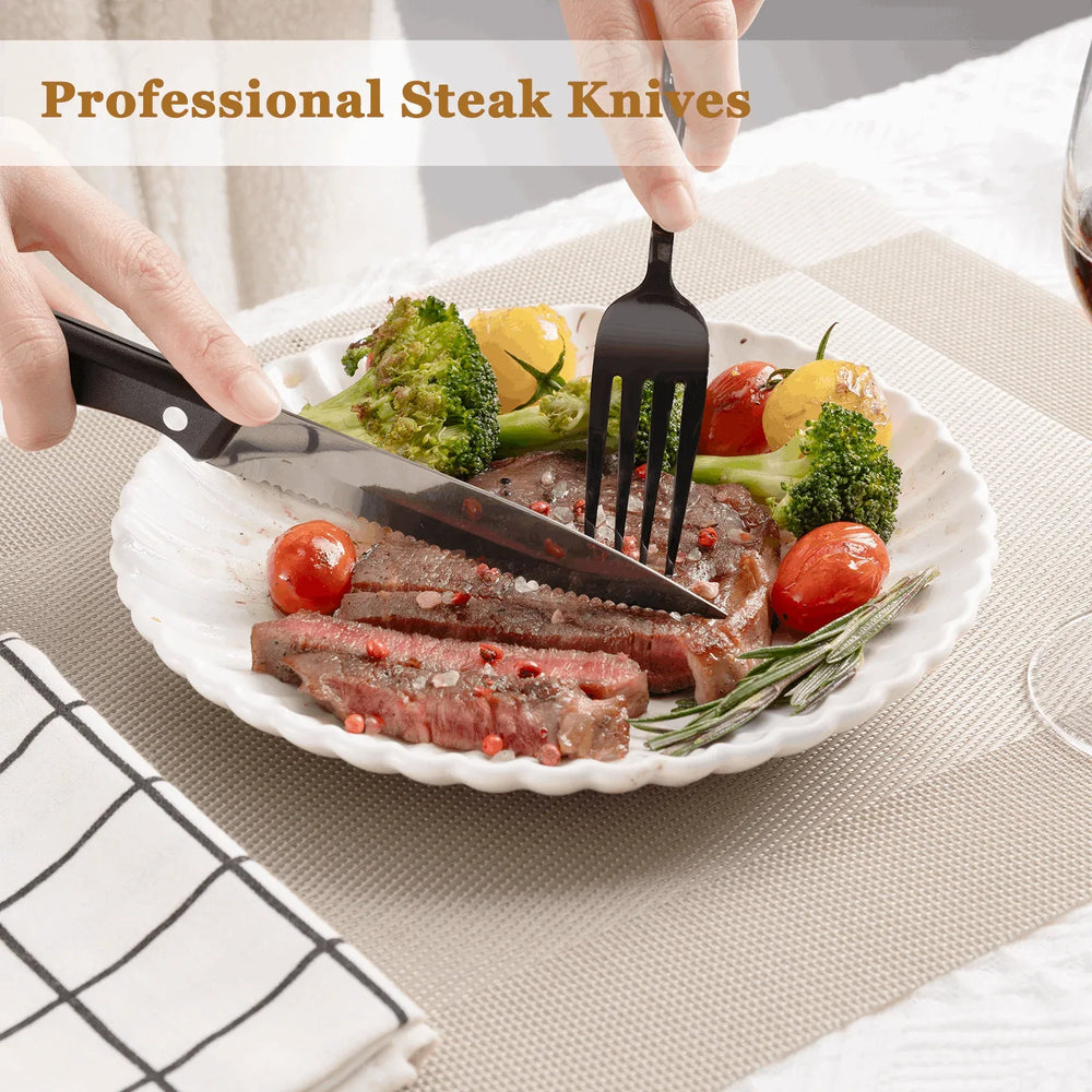 Astercook 25-Pieces Black Silverware Set with Steak Knives, Black Flatware Set for 4, Food-Grade Stainless Steel Tableware Cutlery Set, Eating Mirror Polished Utensil Set for Home Restaurant - USA MEGA SHOP