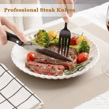 Black steak knives with serrated blades and dark handles, stainless steel cutlery.