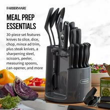 Meal prep kitchen knife and tool set caddy with black-handled tools and blades