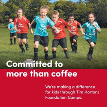 Tim Hortons decaf ground coffee campaign with kids wearing Tim Hortons shirts