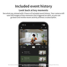 Indoor wired security camera included event history on smartphone screen