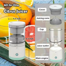 Portable citrus juicer with cone, cup, and juice outlet assembly in white and mint