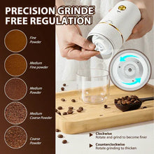 White electric coffee grinder held in hand with adjustable grind selection dial and glass catcher