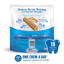 Purina DentaLife dental treat pouch, back panel with chews and 18 daily count