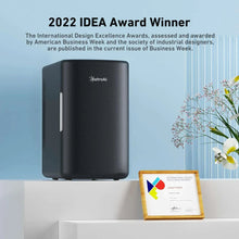 Black compact mini fridge with single door and AstroAI logo