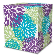 Facial tissue box with colorful floral pattern in purple, teal, and lime tones