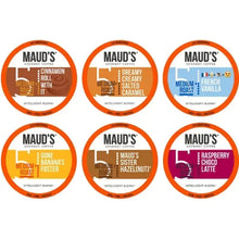 Coffee flavored pod assortment cups with flavor labels, 9 varieties