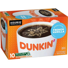 Dunkin French Vanilla K-Cup pod box with cup graphic and blue flavor badge.