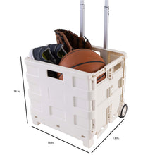 White collapsible cart filled with gear, side cutout handle, front wheel