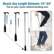 Retractable shoe horn showing multiple lengths, blue patterned shaft, black handle, travel pouch