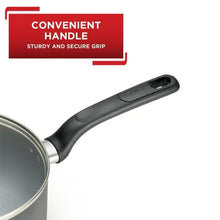 Grey nonstick saucepan with black ergonomic handle and silver rim