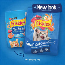 Seafood sensations dry cat food bags, one featuring a cat on the front