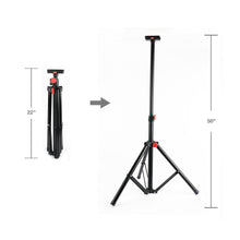 Fully extended adjustable tripod stand for work lights and cameras, black with red knobs