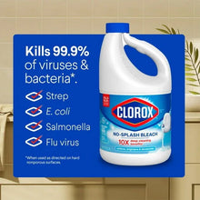 Liquid bleach jug with blue cap, white spout handle, and blue No-Splash label