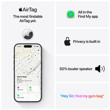 iPhone Find My app screens for Apple AirTag with map and speaker/privacy icons