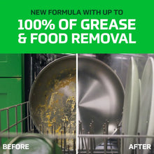 Dishwasher detergent promo panel showing before-and-after cookware results