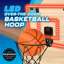 Over-the-Door basketball hoop with LED backboard and orange basketball on the rim