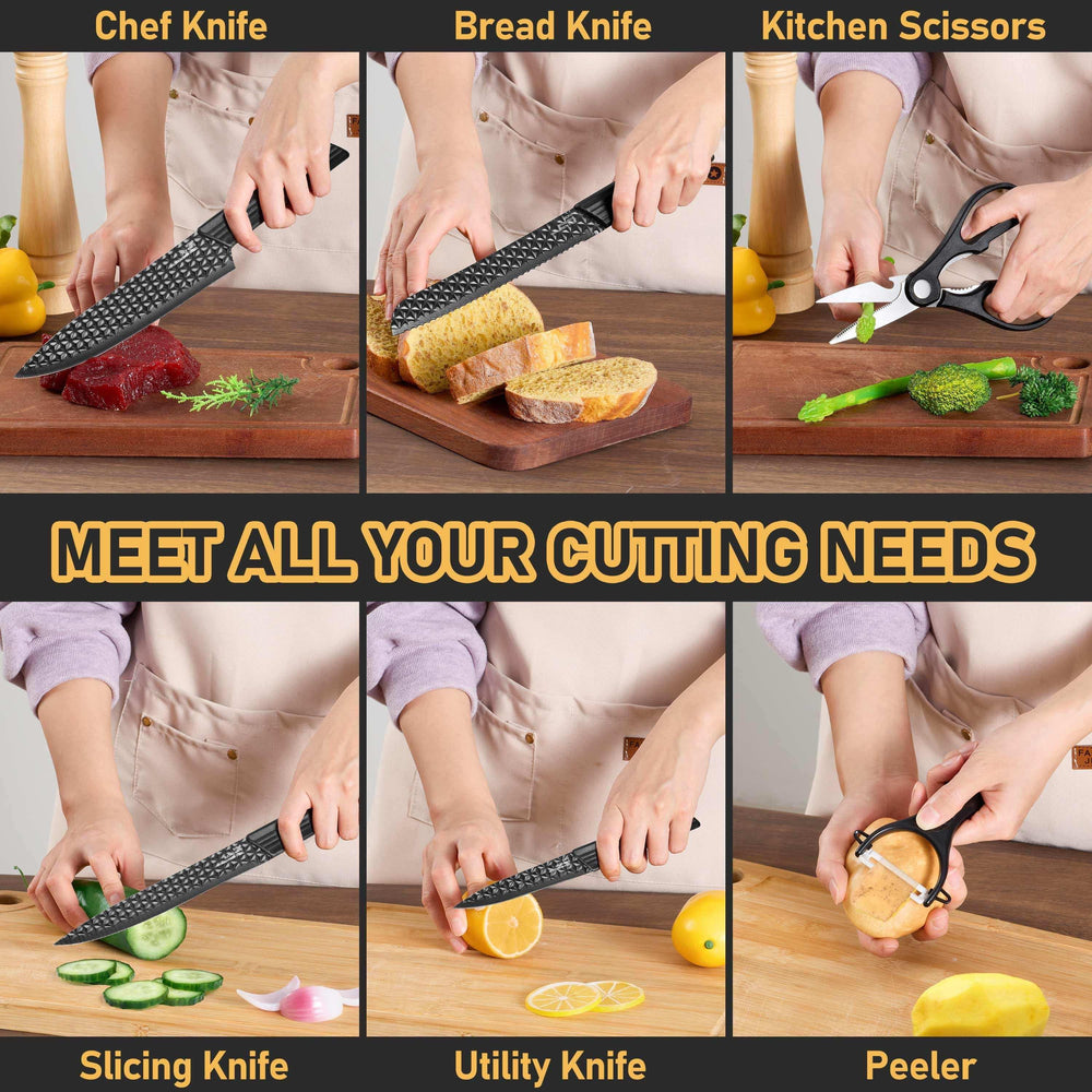 Vesteel Kitchen Knife Set of 7, Professional Stainless Steel Knives Set for Kitchen with Universal Knife Block - Khaki - USA MEGA SHOP
