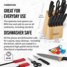 Black cutlery set with knives and utensils beside wooden knife block