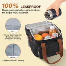 Insulated lunch cooler bag in black with brown trim, leakproof-looking interior with bottle upright.