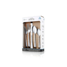 20-piece stainless flatware set box with polished utensils inside.