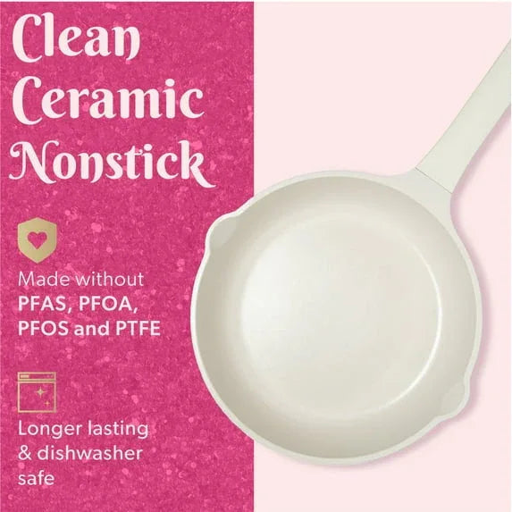 Paris Hilton Clean Ceramic Nonstick Cast Aluminum Cookware Set with Heart Knobs, Iridescent White