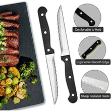 Stainless steel knives with black handles and serrated blades plus matching cutlery