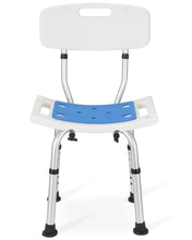 Shower chair with white backrest, blue padded seat, and black anti-slip foot pads