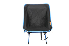 Black mesh camping chair with blue trim and front carry strap.