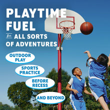 Zbar snack bars for outdoor play, kid holding a bar near a basketball hoop